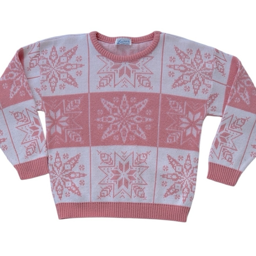 VTG Lauren Kawaii Pastel Pink Coquette White Snowflake Sweater Crewneck Women M